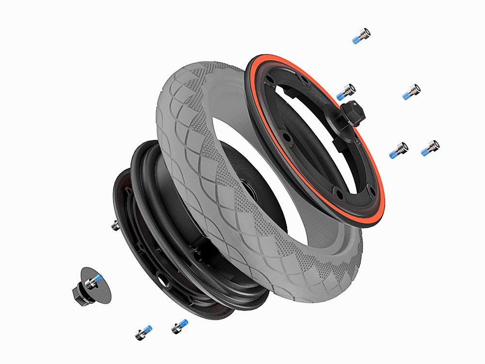 Exploded view of the split wheel rim, tire and bolts on the Hiboy S2R Plus electric scooter