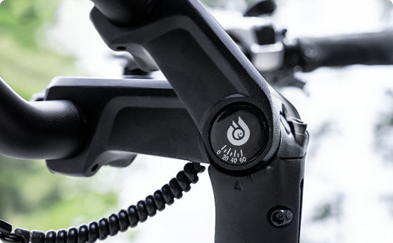 Adjustable handlebar stem with 0 to 60 degree angle dial on the Hiboy EX9 electric bike