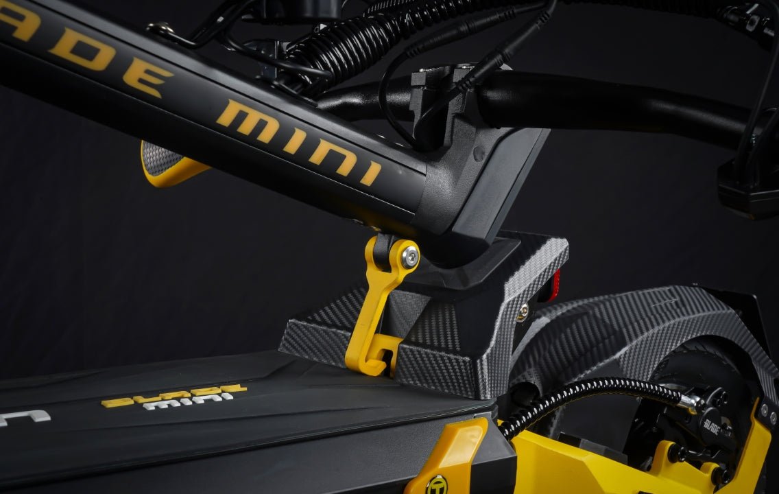 Folding stem hinge on the Teverun Blade Mini Ultra electric scooter