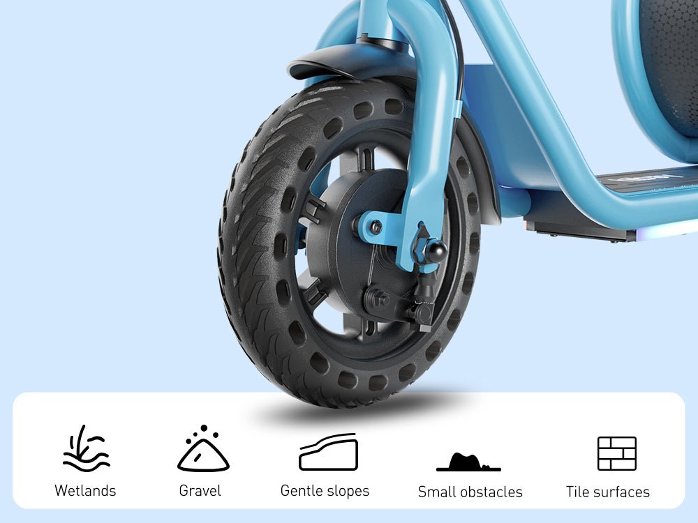 8.5-inch honeycomb tire on the Hiboy Joy Haul kids electric scooter with surface icons for wet ground, gravel, slopes, obstacles and tiles