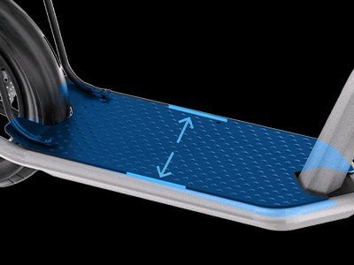 Wide anti-slip deck of the Hiboy ECOM 14 electric scooter with width arrows
