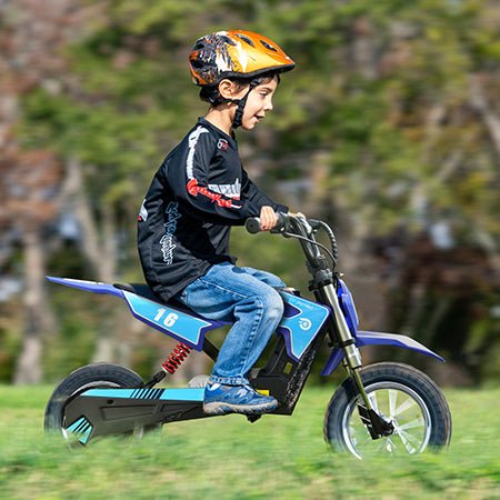 Child standing beside the Hiboy DK1 kids electric dirt bike