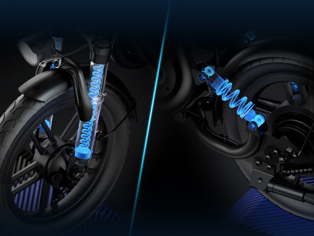 Front fork springs and rear shock absorber highlighted on the Hiboy Q2 seated electric scooter