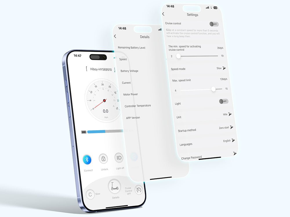 Hiboy app on a phone next to the S2 Nova electric scooter