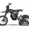 Riding’times GT electric motorbike in orange trim with the front wheel kept and the rear track fitted