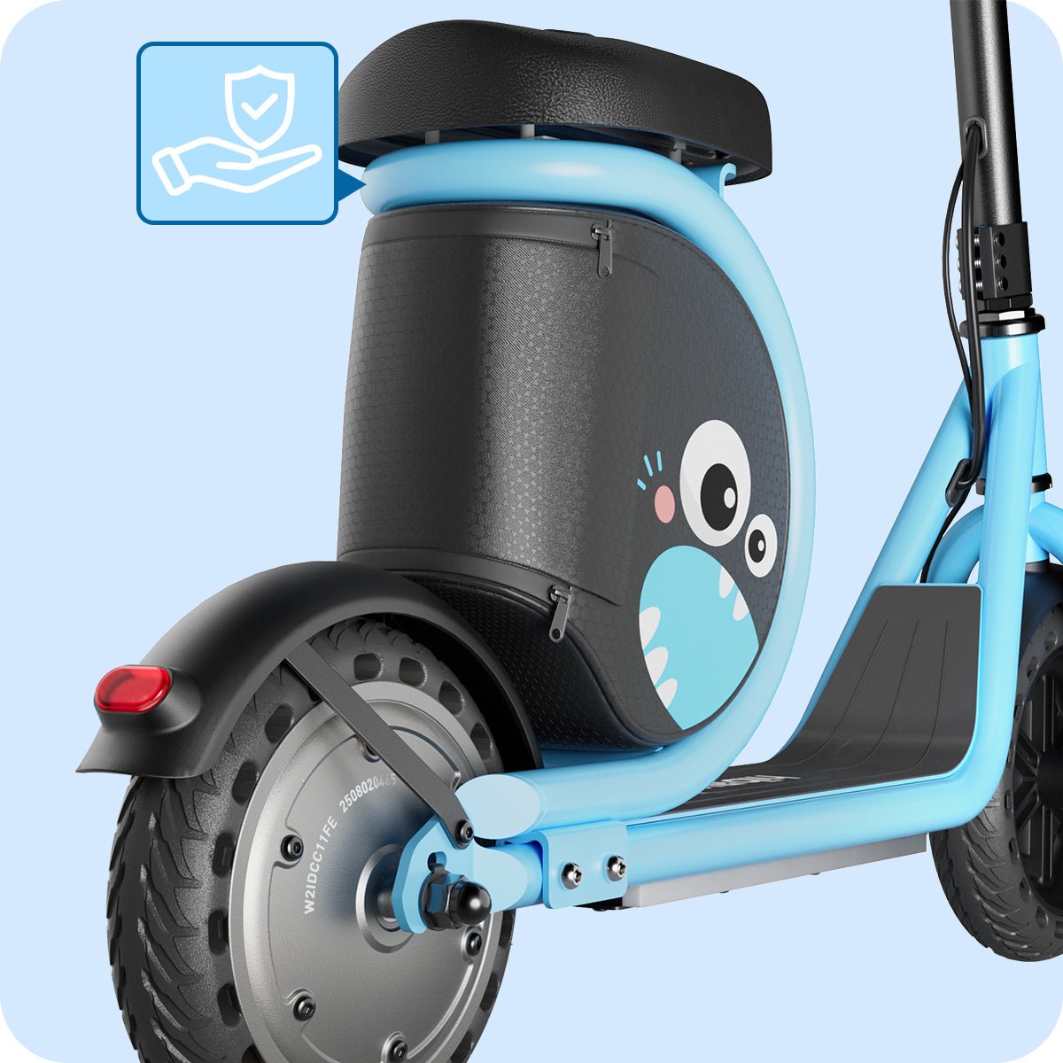 Rear of the blue Hiboy Joy Haul kids electric scooter showing the enclosed wheel, seat and shark bag