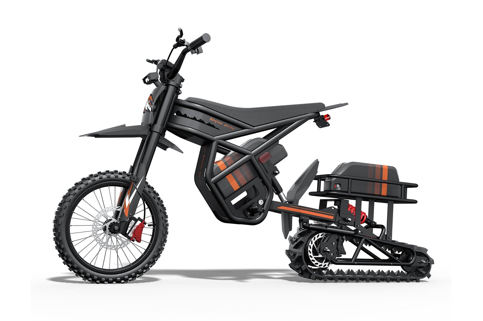 Riding’times GT electric motorbike in orange trim with the front wheel kept and the rear track fitted