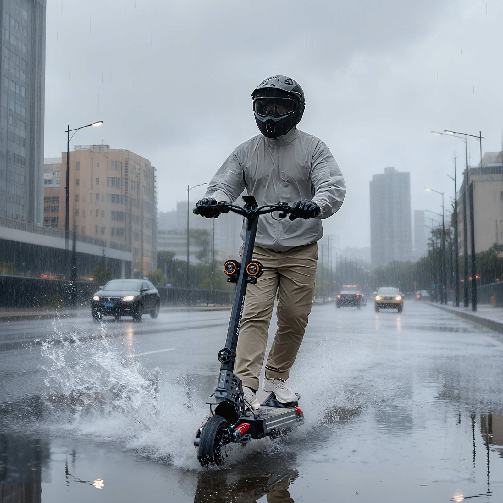 Rider in a full-face helmet on the Hiboy TITAN electric scooter splashing through a wet city street