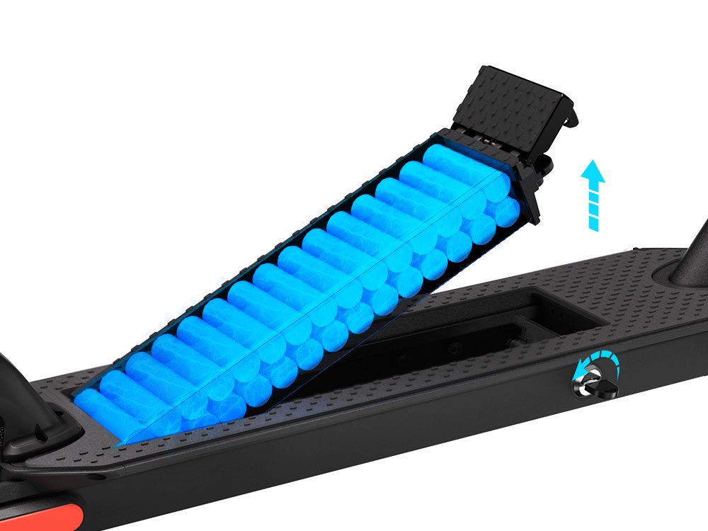 Removable battery pack lifting out of the deck of the Hiboy S2R Plus electric scooter, with the key lock highlighted
