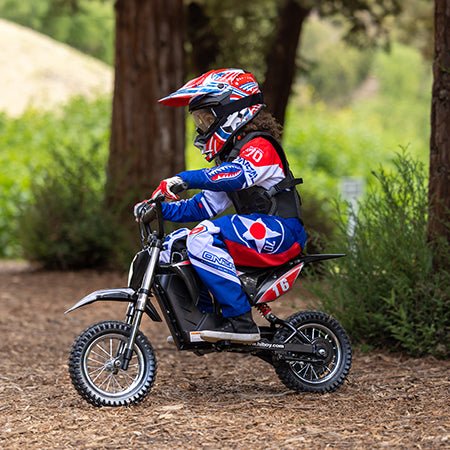 Child in a helmet riding the Hiboy DK1 kids electric dirt bike outdoors
