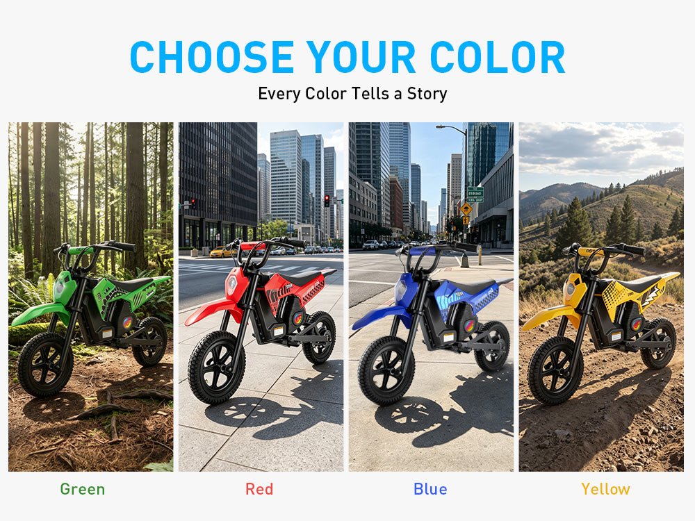 Green, red, blue and yellow Hiboy DK2 kids electric dirt bikes in forest, city and hill settings