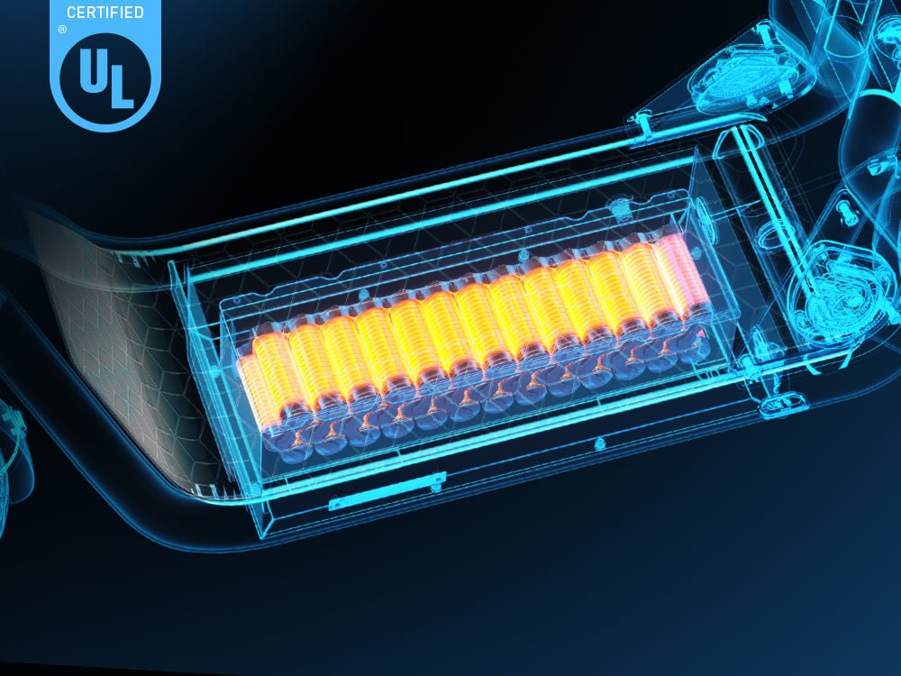 X-ray view of the UL-certified battery pack inside the frame of the Hiboy Q2 seated electric scooter