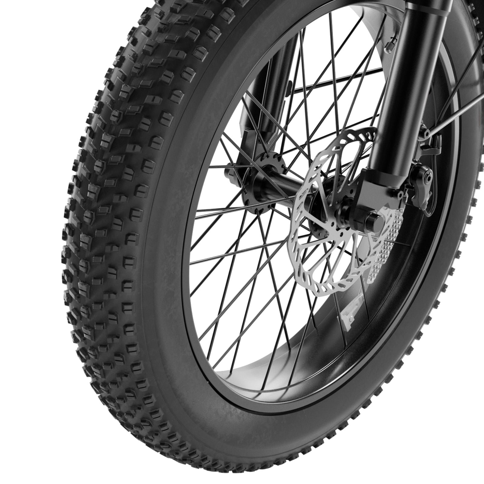 20 by 4 inch knobby fat tire and front disc brake of the Hiboy EX6F folding electric bike