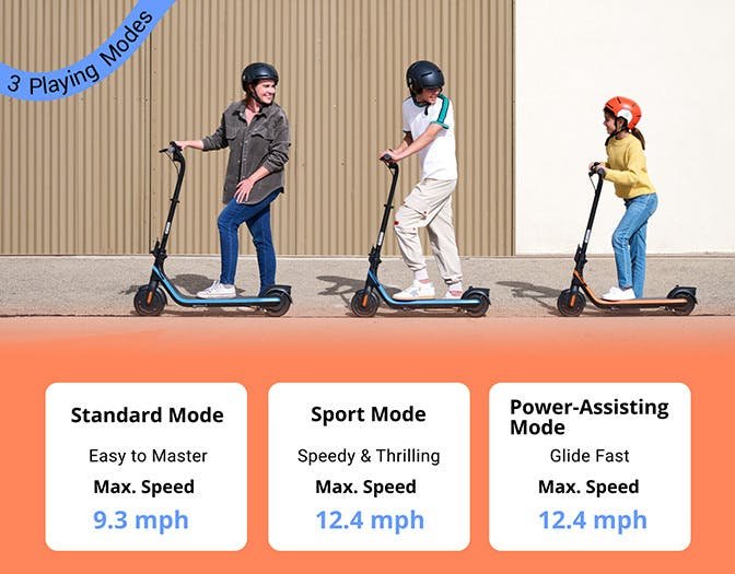 Three kids on Segway Ninebot C2 Pro scooters with the three riding modes listed