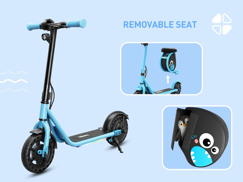 Blue Hiboy Joy Haul kids electric scooter with the removable seat and the open Chompy Pompy shark bag holding a plush penguin