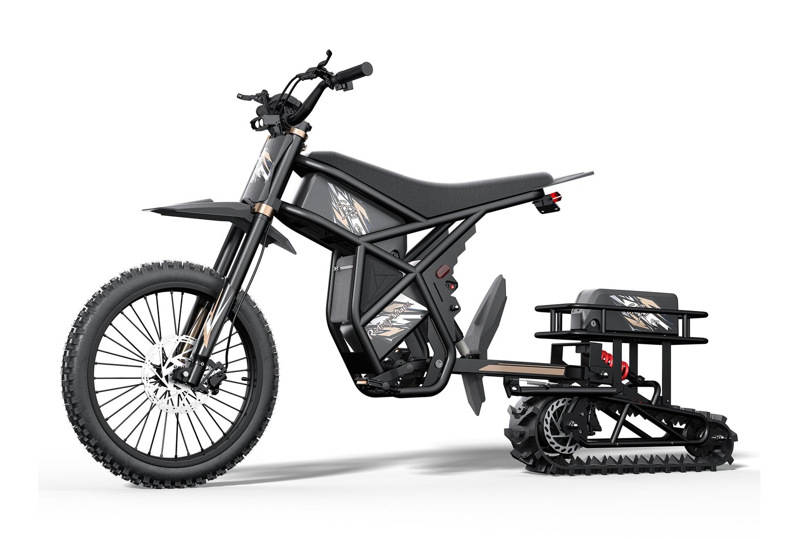 Riding’times GT electric motorbike in gold trim with the front wheel kept and the rear track fitted
