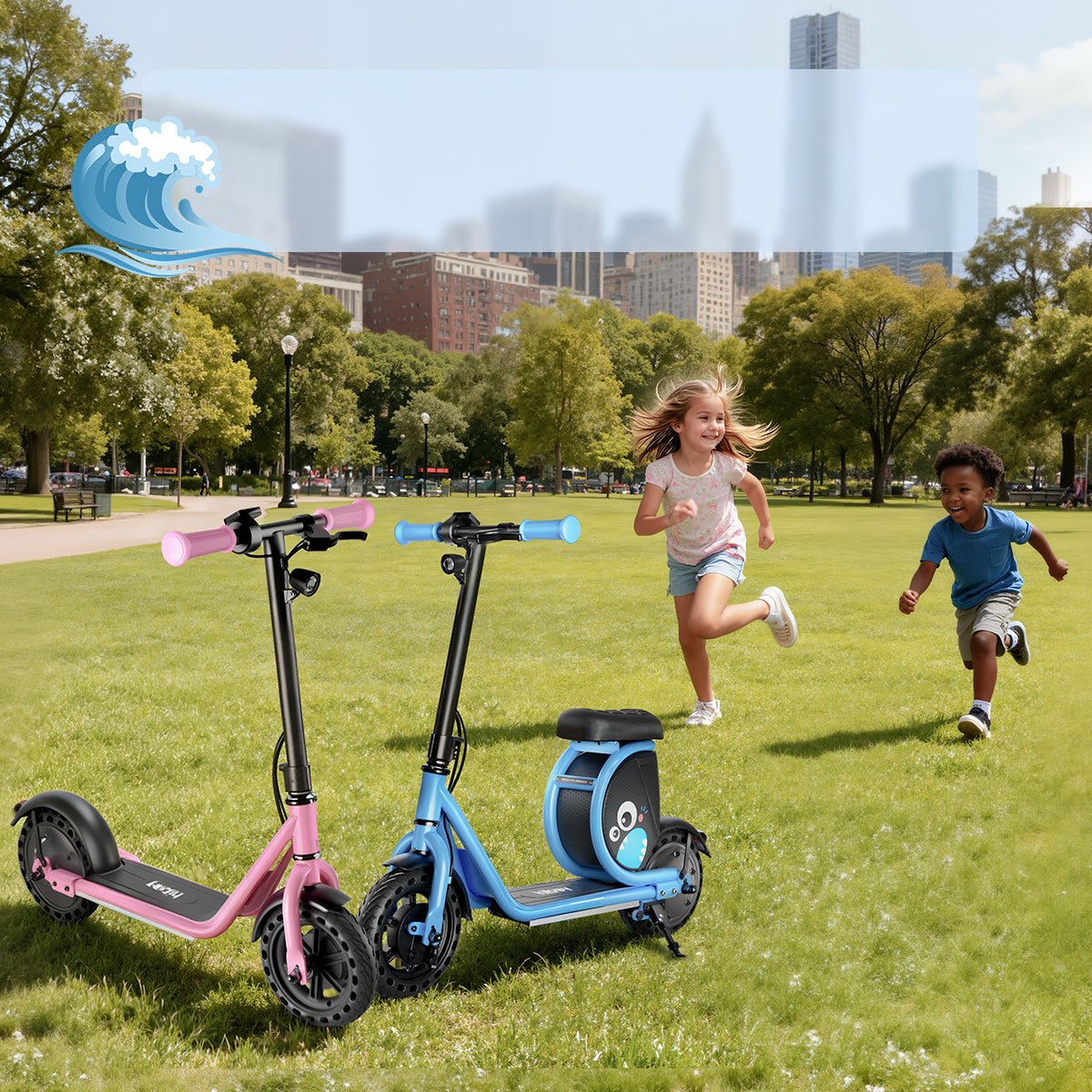 Pink and blue Hiboy Joy Haul kids electric scooters with shark bags on a city park lawn as two children run past