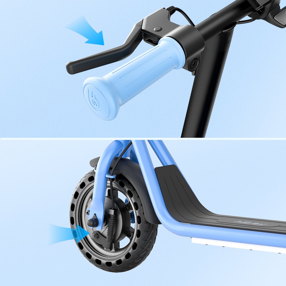 Brake lever and front drum brake highlighted on the Hiboy Q2 Lite kids electric scooter