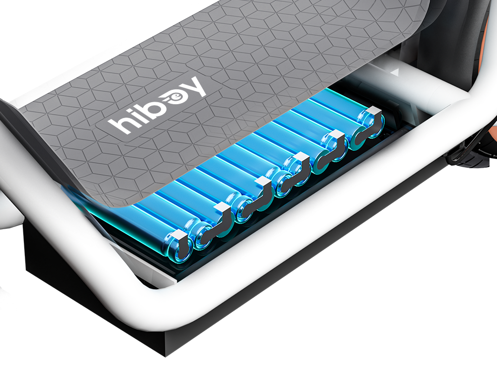 Battery cells visible under the lifted deck of the Hiboy U2 electric scooter