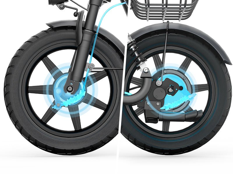Front and rear drum brakes highlighted on the Hiboy U2 electric scooter