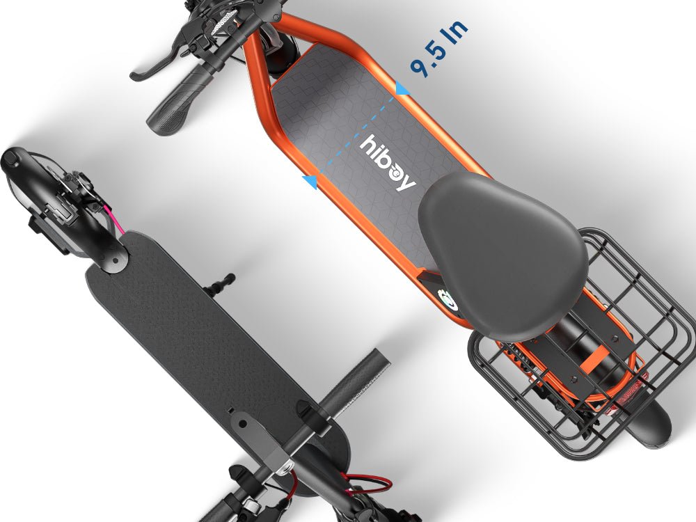 Top-down view of the 9.5-inch wide footrest on the Hiboy Q2 seated electric scooter