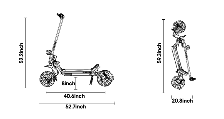 Folded dimension diagram of the Riding’times G63 dual motor electric scooter