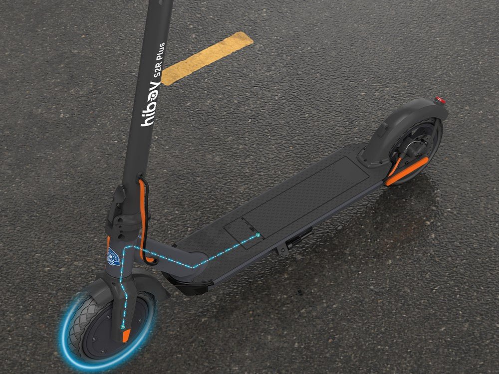 Hiboy S2R Plus electric scooter with its 9-inch pneumatic tires highlighted