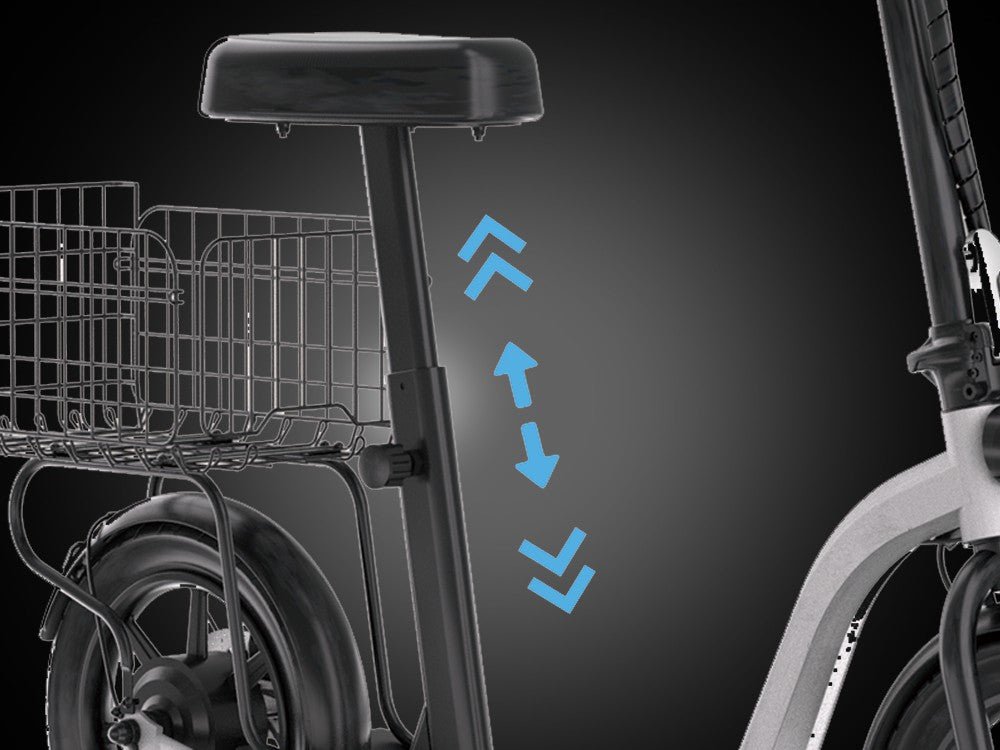 Height-adjustable seat post and basket on the Hiboy ECOM 14 electric scooter