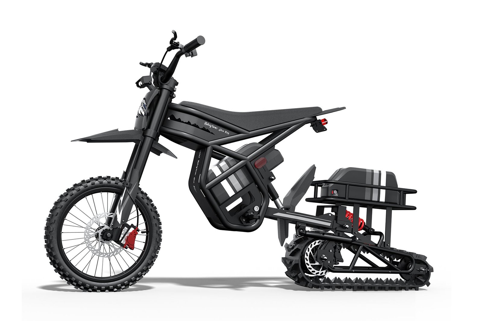 Riding’times GT electric motorbike in grey trim with the front wheel kept and the rear track fitted