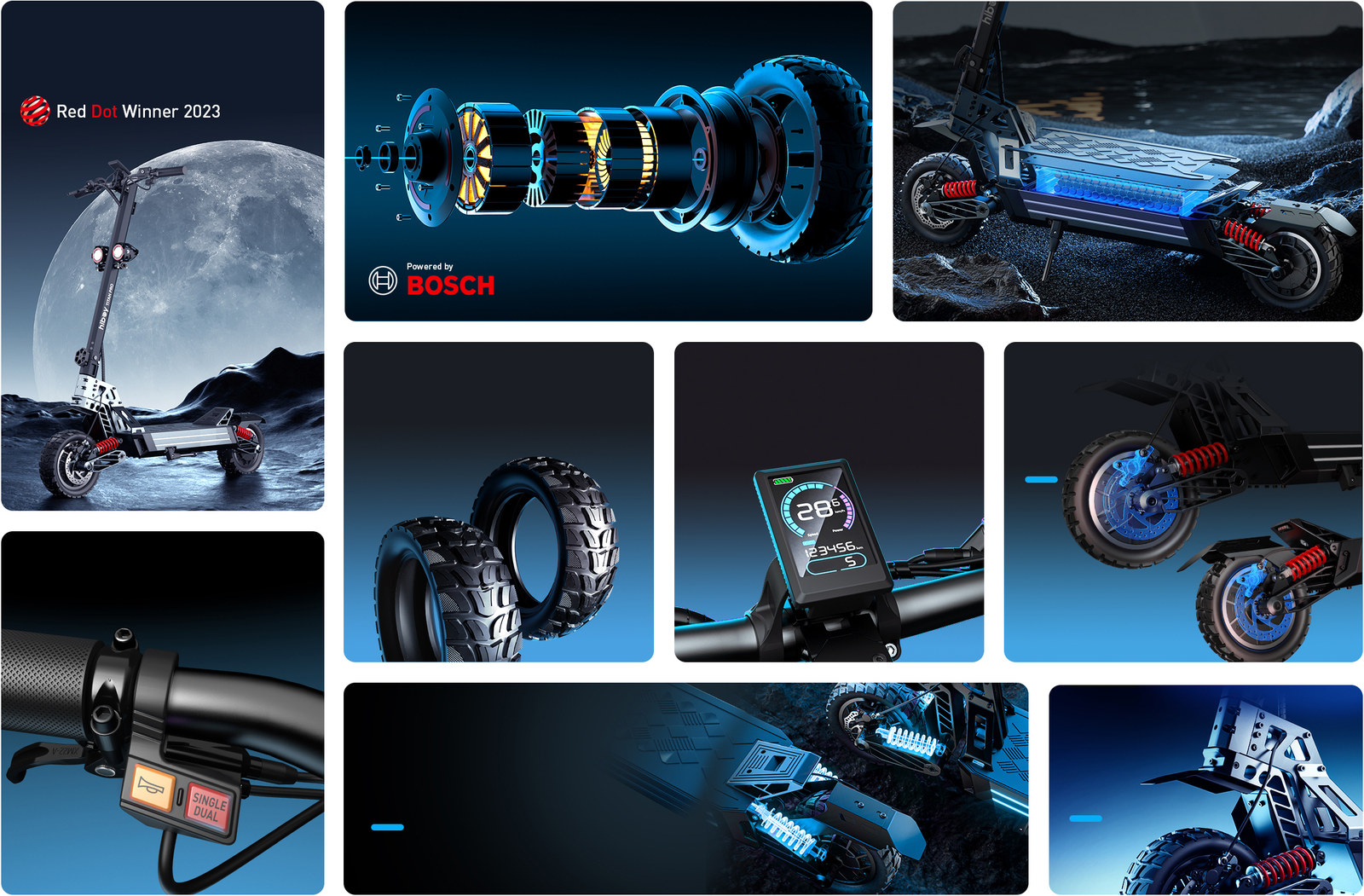 Collage of the Hiboy TITAN PRO electric scooter: Red Dot Winner 2023 badge, exploded BOSCH motor, battery under the deck, off-road tires, LED display, hydraulic brakes and single-dual motor switch