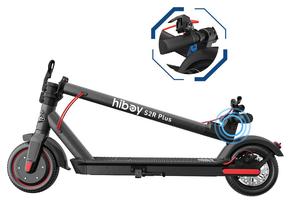 Hiboy S2R Plus electric scooter folded flat with the stem latched to the rear fender