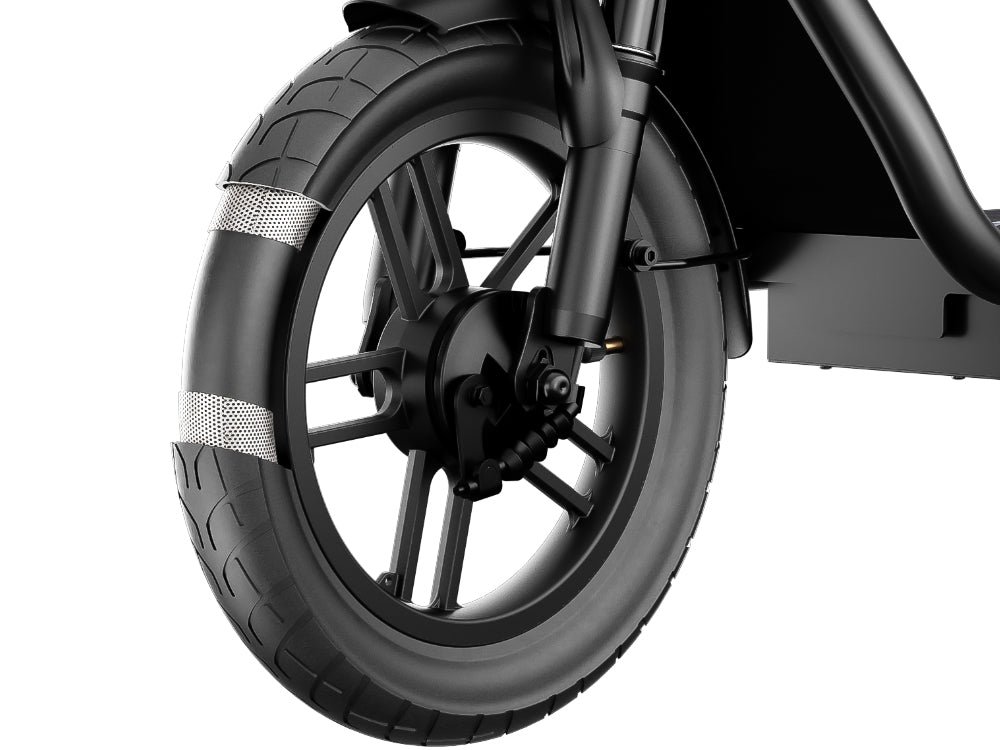 14-inch air-filled front tire with reflective sidewall stripes on the Hiboy Q2 seated electric scooter
