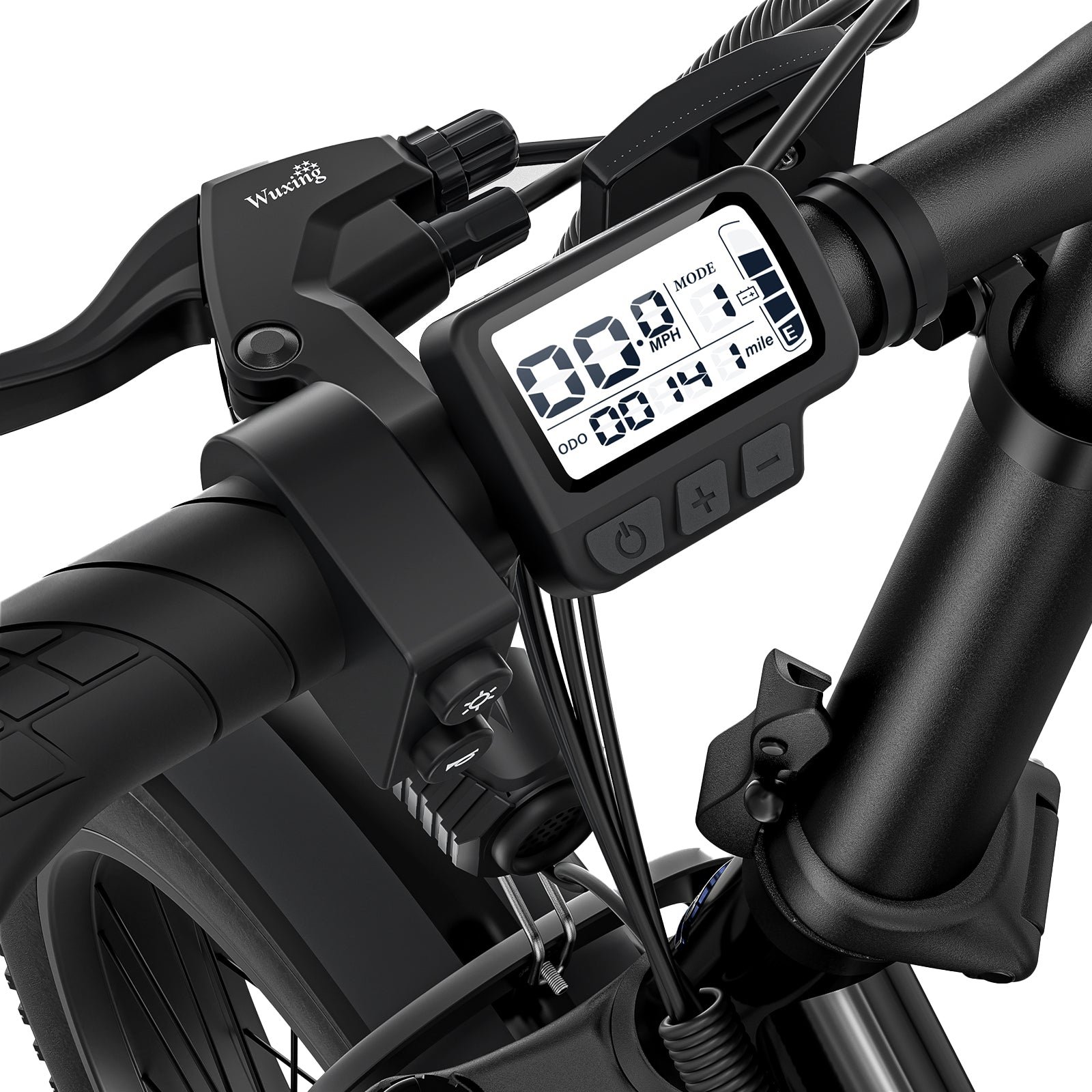 LED display, light switch and horn button on the handlebar of the Hiboy EX6F folding electric bike