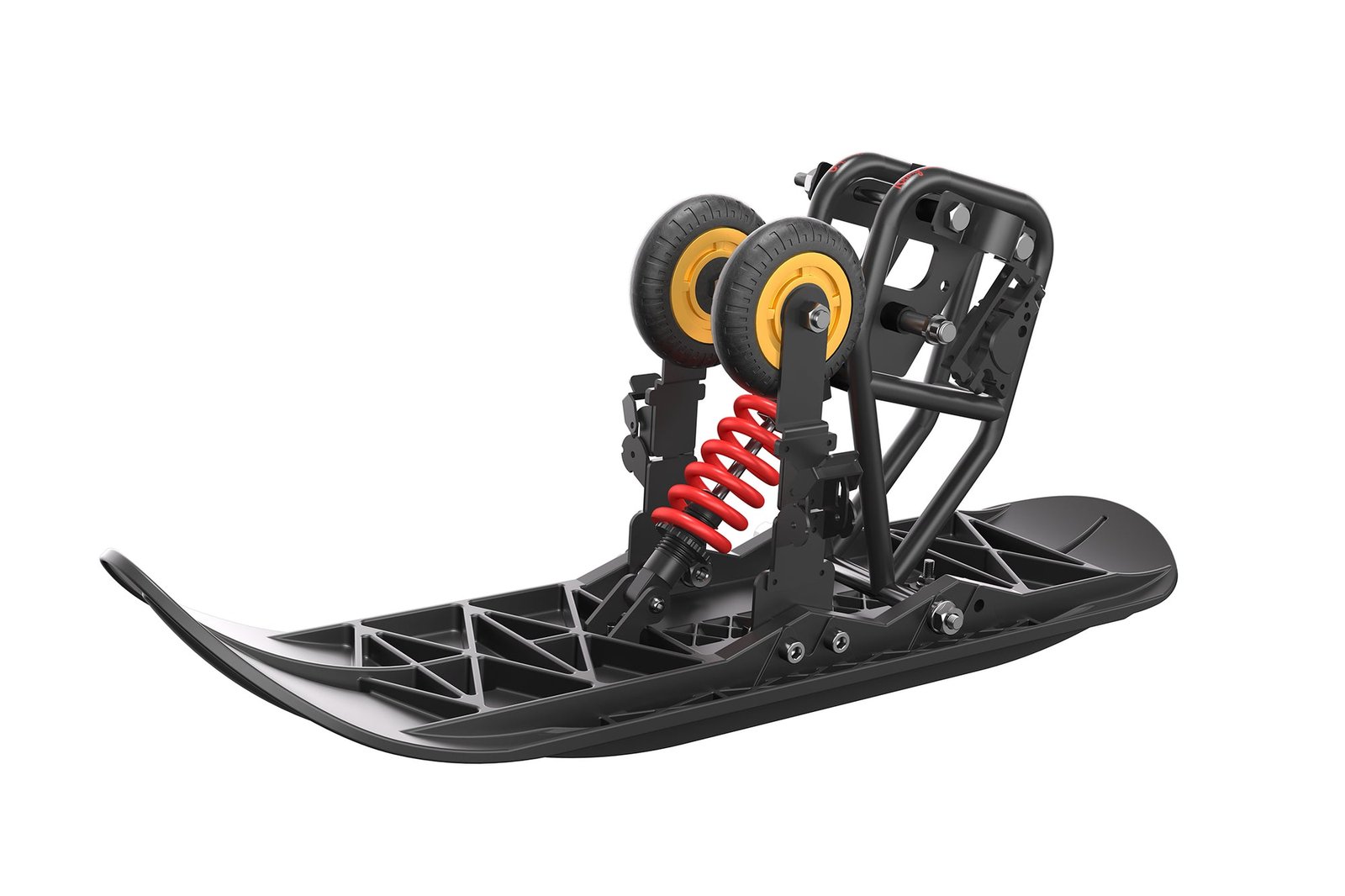 Front sled module of the Riding’times snow track kit with twin guide rollers and coil shock