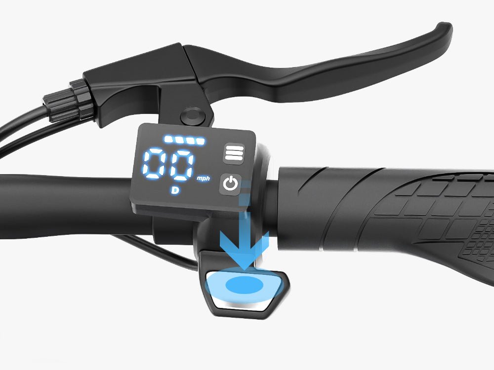 Thumb throttle and LED display on the right grip of the Hiboy Q2 seated electric scooter