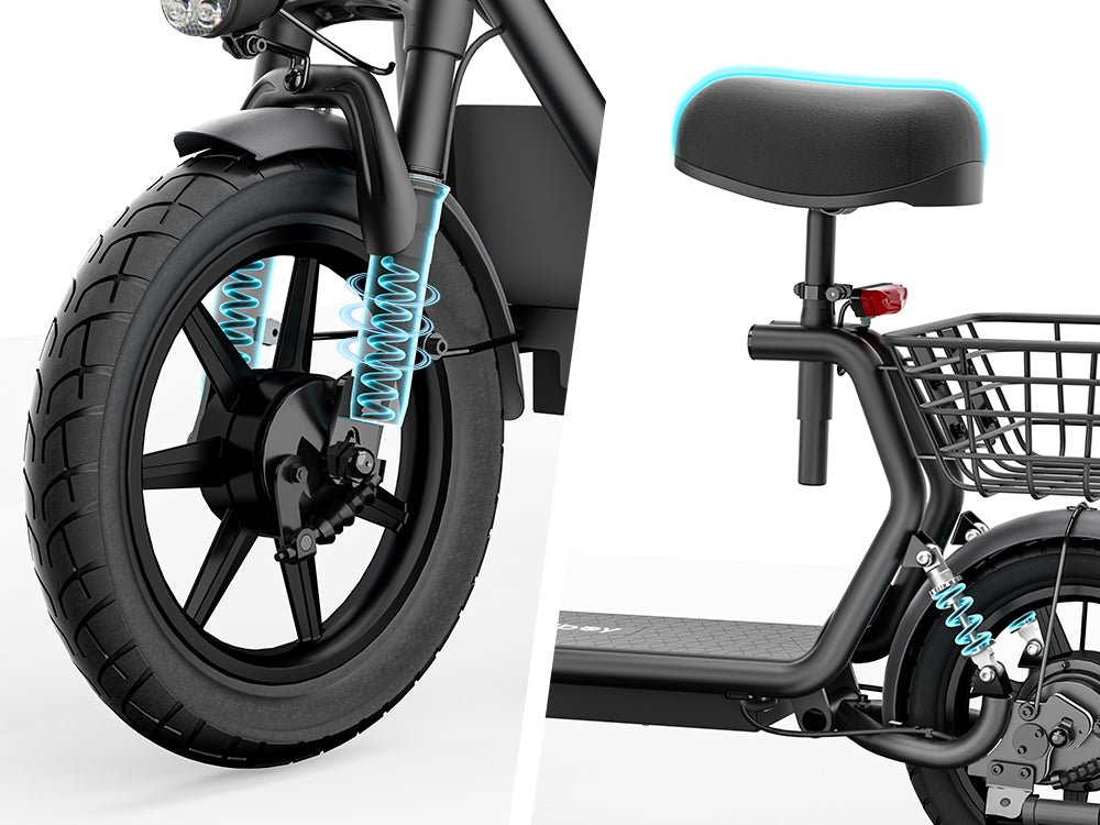 Front fork springs and padded seat with rear shock highlighted on the Hiboy U2 electric scooter