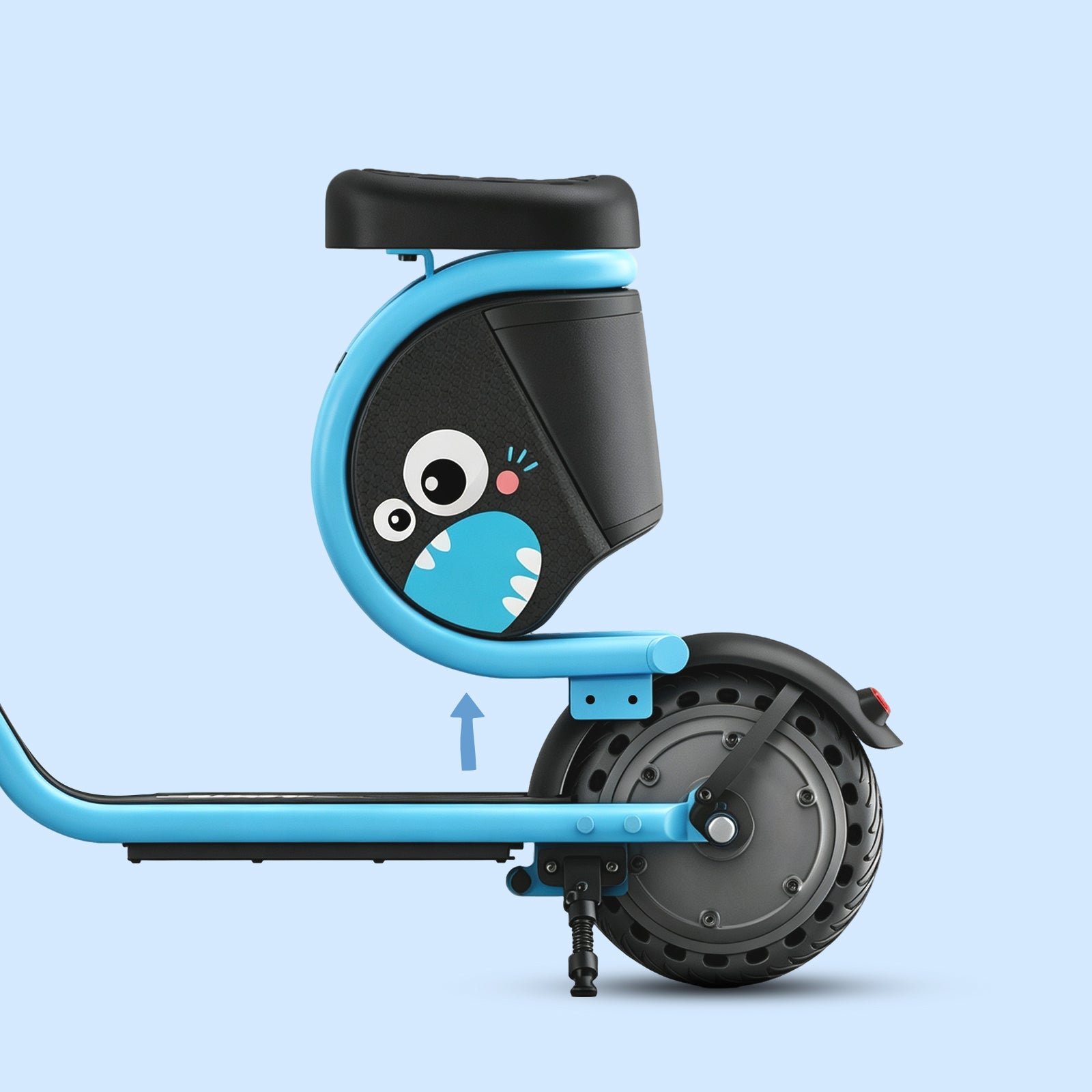 Seat and Chompy Pompy shark bag lifting off the Hiboy Joy Haul kids electric scooter