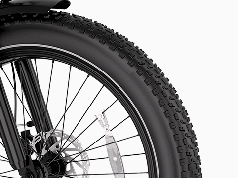 Render of the 26 by 4 inch puncture-resistant fat tire with reflective sidewall on the Hiboy EX11 electric bike