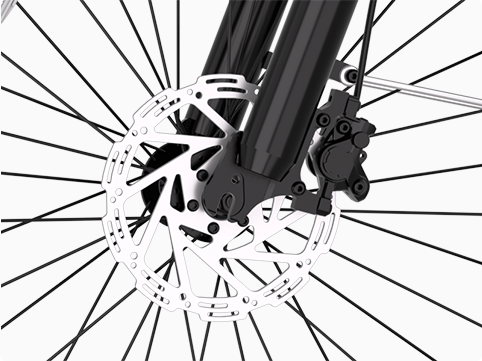 Render of the dual-piston hydraulic disc brake and 180 mm rotor on the Hiboy EX11 electric bike