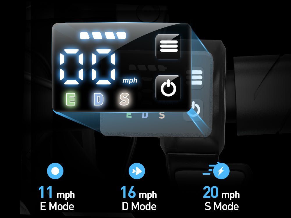 LED display of the Hiboy Q2 seated electric scooter showing E, D and S modes at 11, 16 and 20 mph