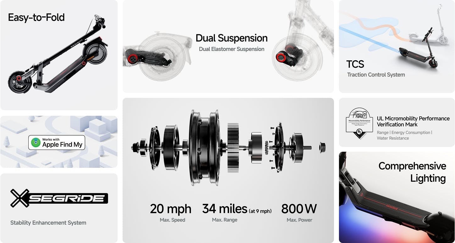Segway E3 Pro electric scooter feature overview: easy fold, dual suspension, TCS, Apple Find My, SegRide, 20 mph, 34 miles, 800W, lighting