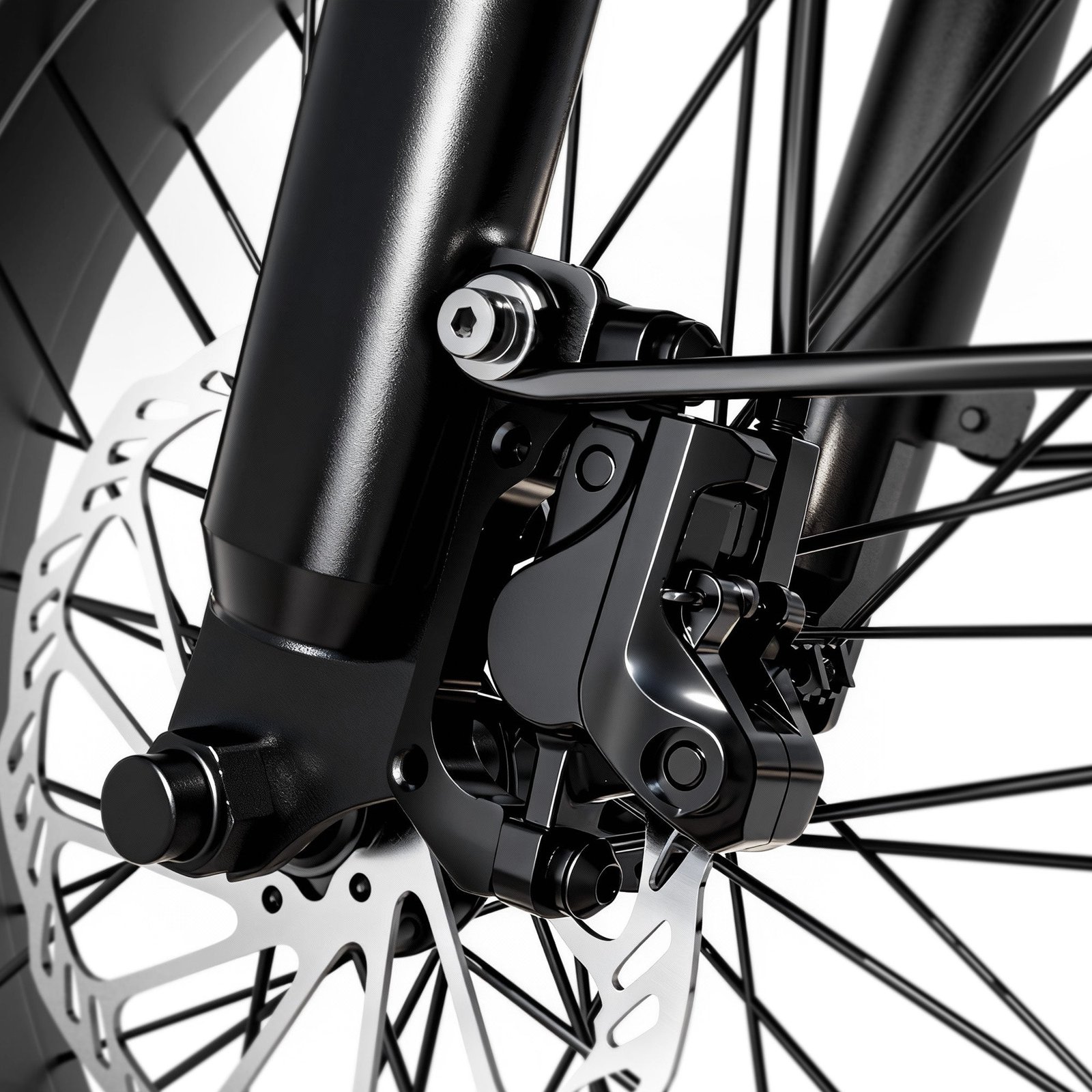 Hydraulic disc brake caliper and rotor on the front fork of the Hiboy EX6F folding electric bike