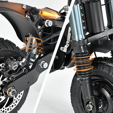 Front hydraulic and rear damping suspension on the Teewing X5 electric scooter