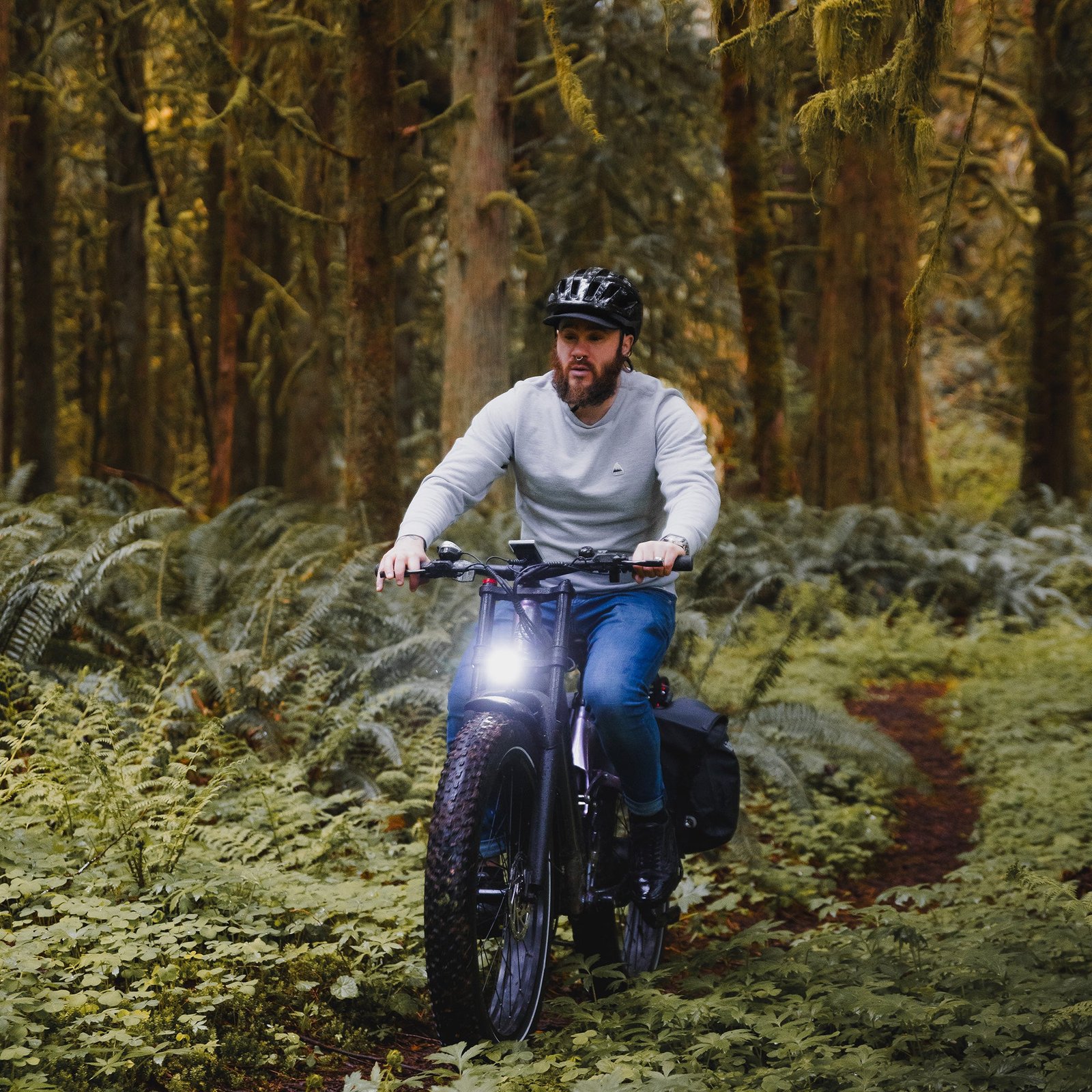 Rider on a Hiboy EX11 electric bike with headlight on riding through a fern forest