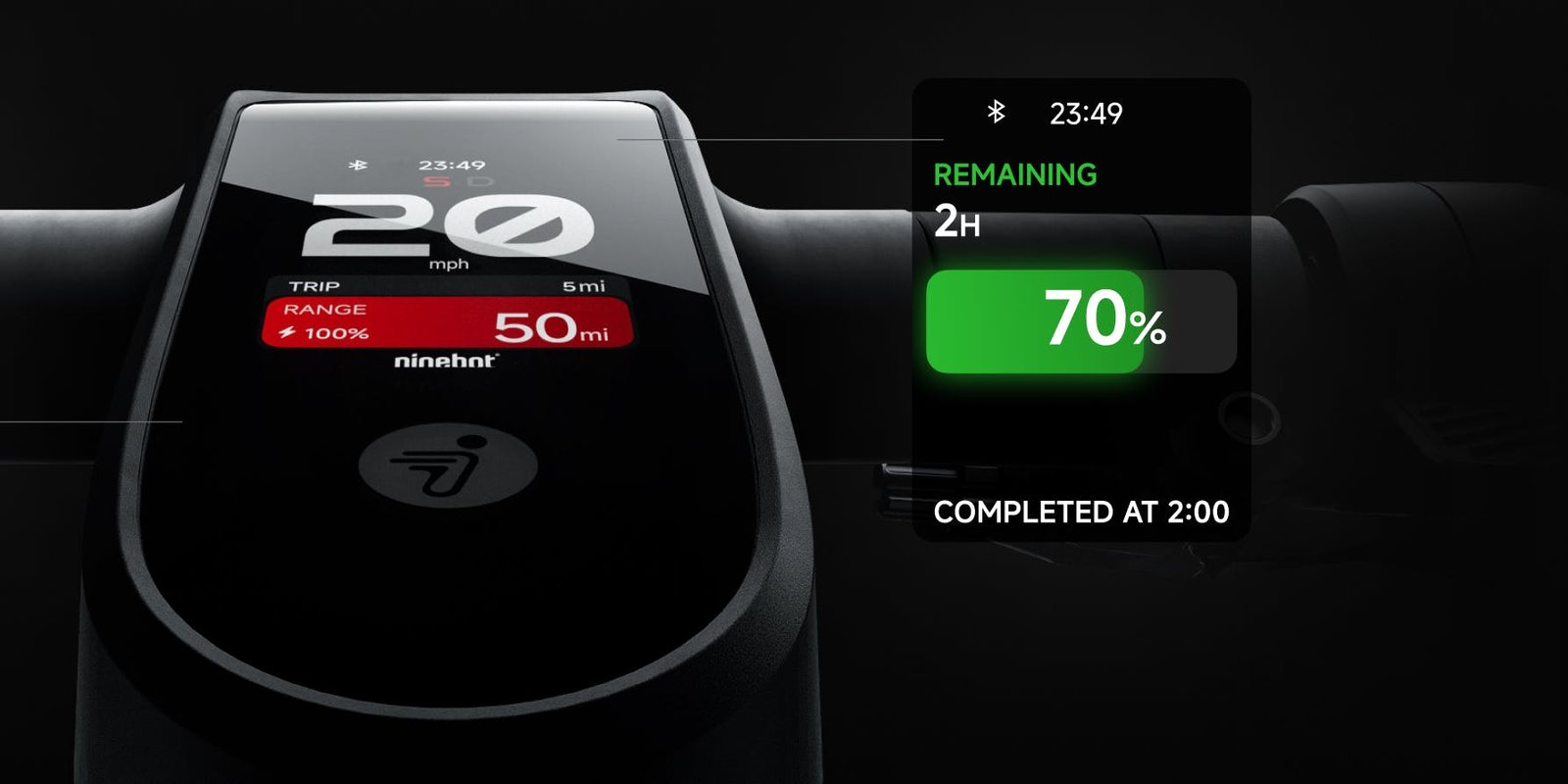 Smart charge management screen on the Segway Max G3 electric scooter showing time to full