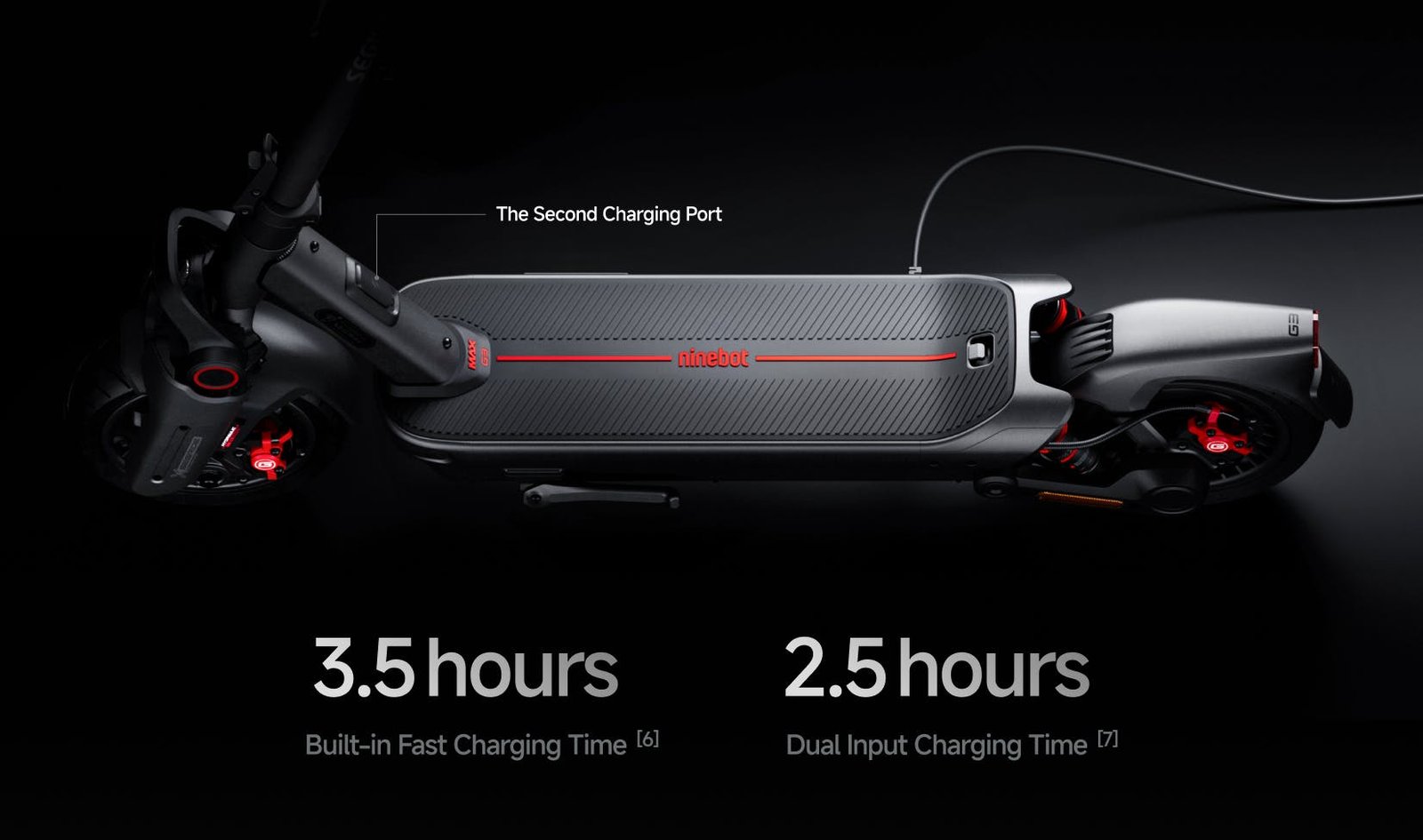Segway Max G3 electric scooter charging port with 3.5 hour and 2.5 hour charge times