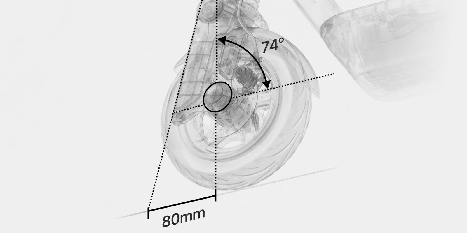 Segway F3 electric scooter front wheel geometry with 74 degree stem angle and 80 mm trailing distance