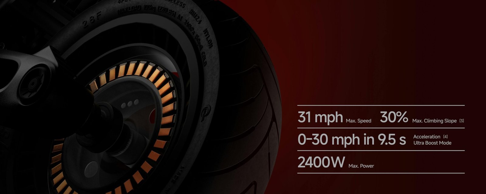 Segway GT3 SuperScooter hub motor with 31 mph, 30 percent slope, 0 to 30 mph in 9.5 seconds and 2400W callouts