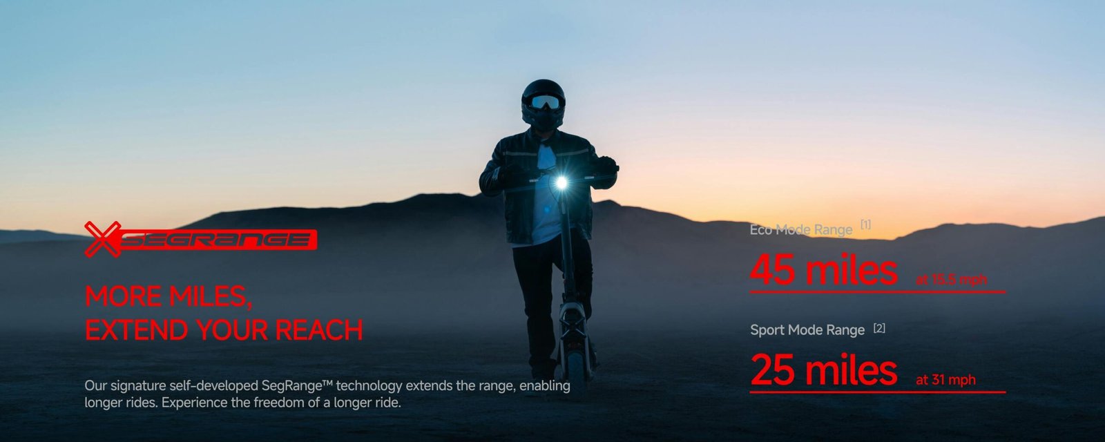 Rider on the Segway GT3 SuperScooter at dusk with range by mode: 45 miles Eco, 25 miles Sport