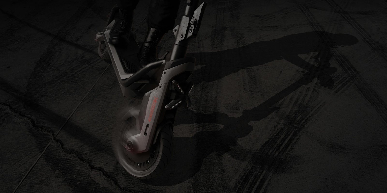 Front wheel of the Segway GT3 SuperScooter showing the 80 mm trailing distance